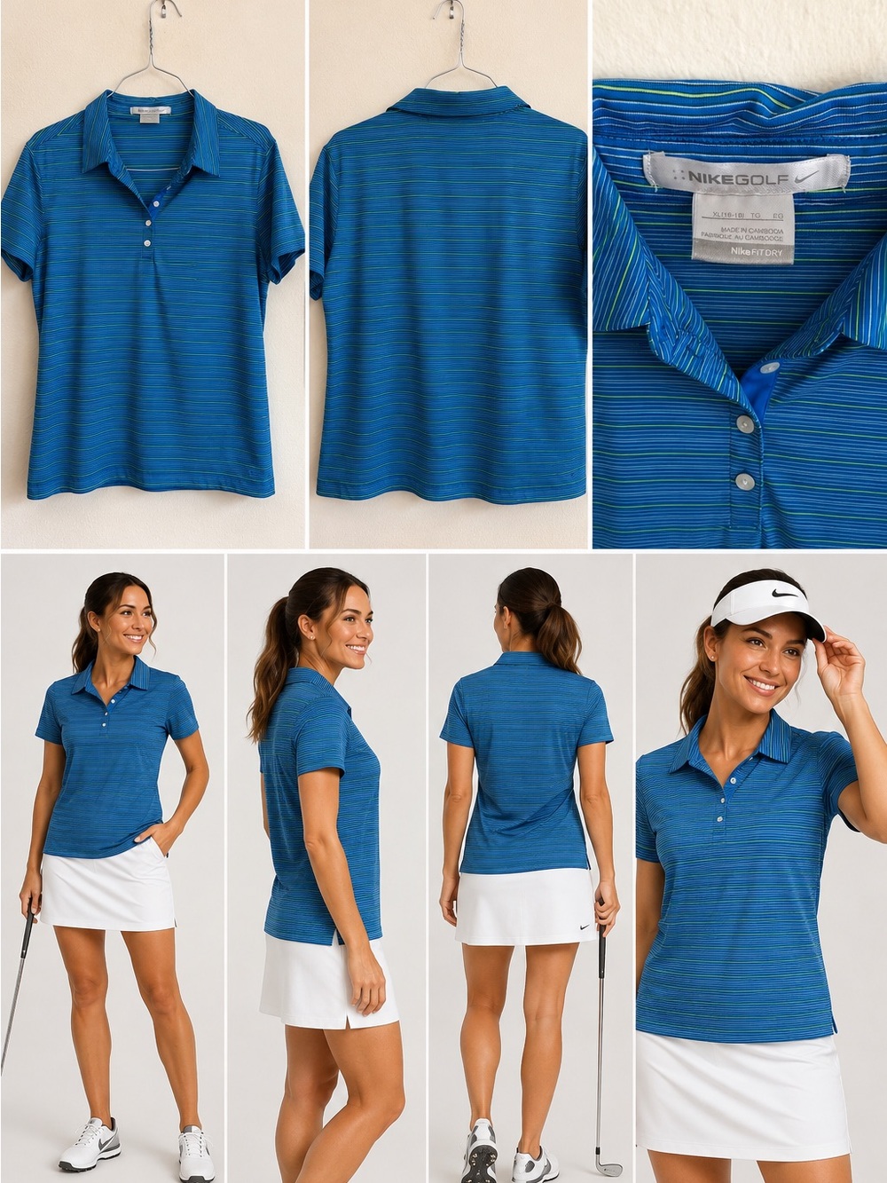 Nike Golf Women’s XL Dri Fit Blue Green Striped Polo Shirt Performance